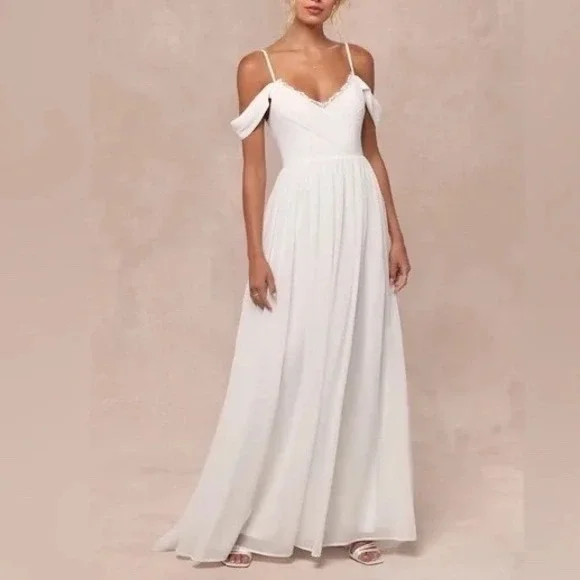 Lulus Marcelyn Maxi Dress Womens XL White Pleated V-Neck Cold-Shoulder Back Zip - Picture 1 of 9